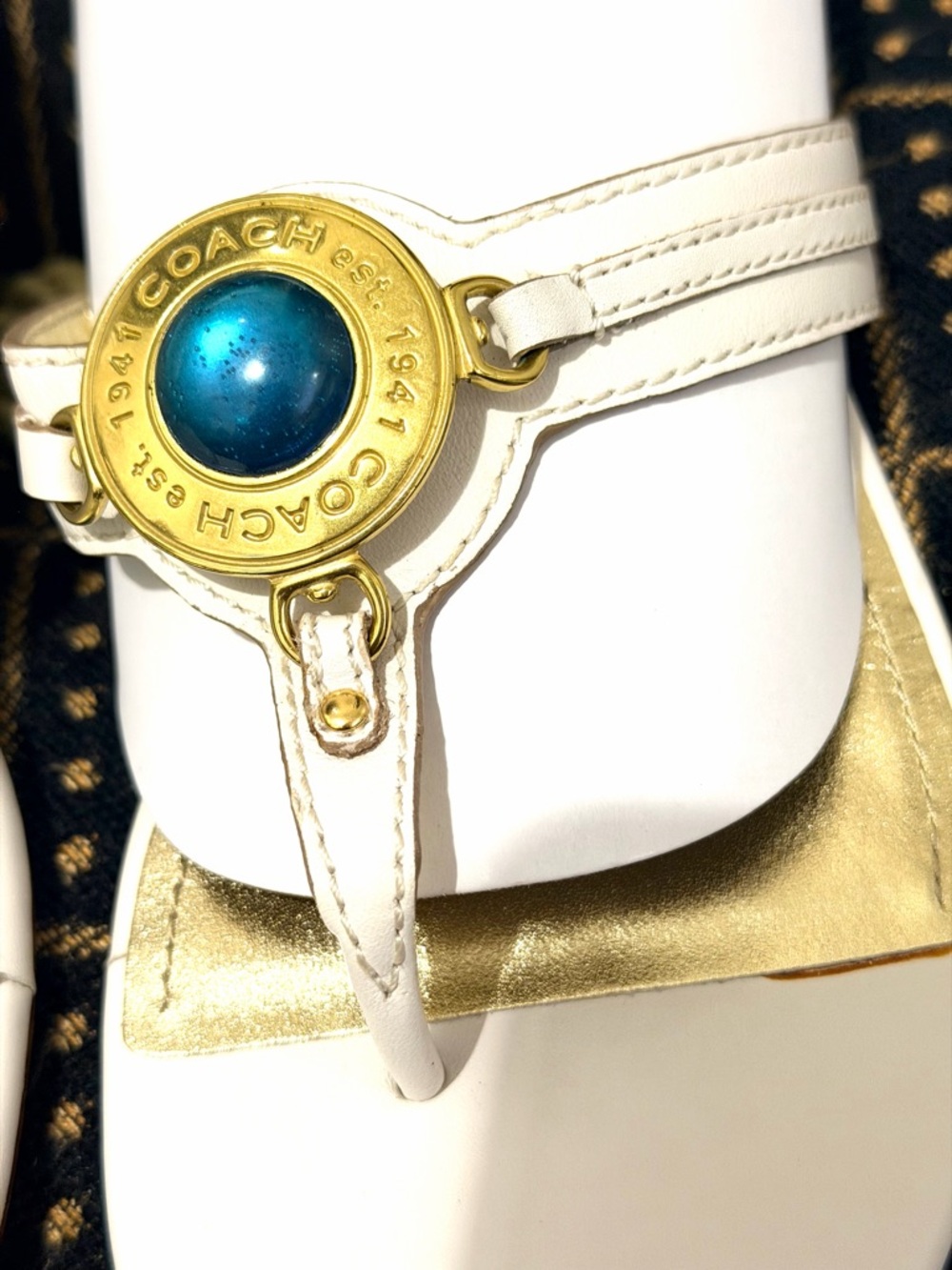 Coach White Leather Sandals with Gold Medallion and Blue Cabochon - Picture 5 of 11